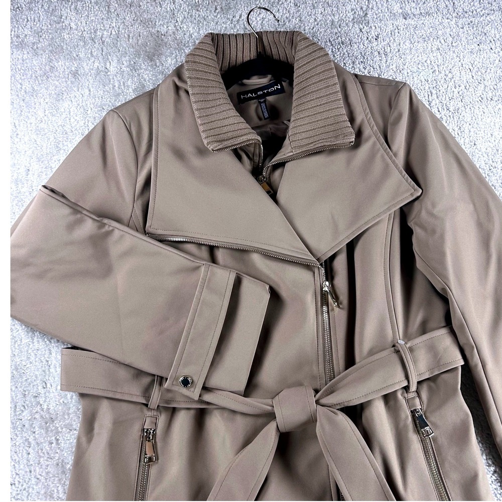 Halston Womens Brown Softshell Asymmetrical Zip Trench Coat XL 1888906 NWT